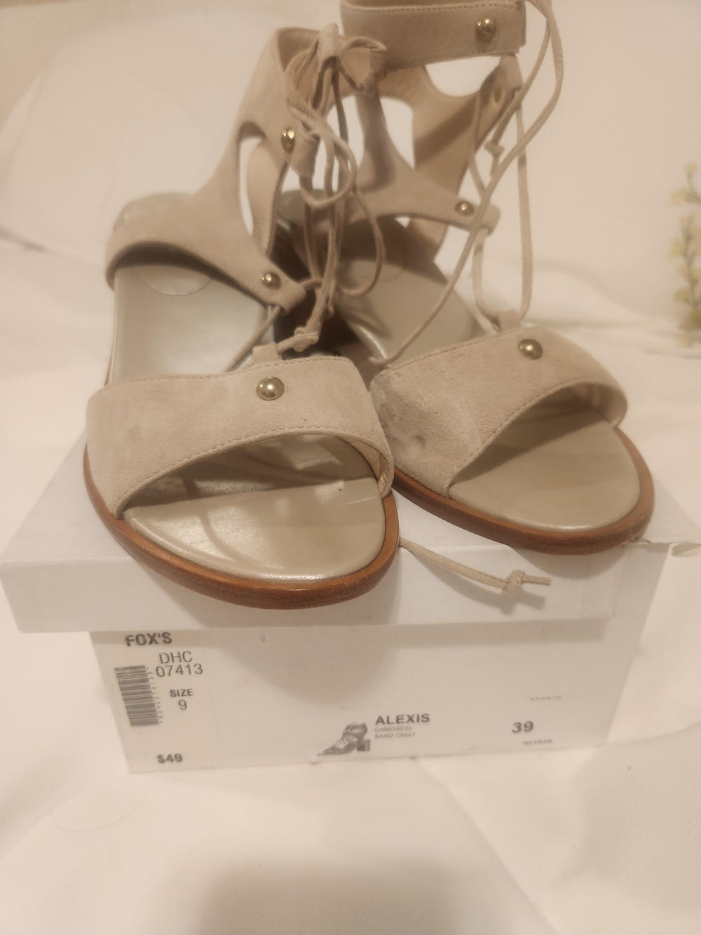 Alexis Neutral Suede Lace-Up Sandals with Gold Studs